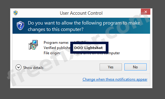 Screenshot where OOO Lightshot appears as the verified publisher in the UAC dialog